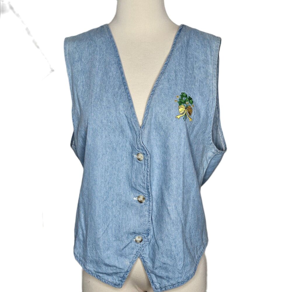 Vintage FLD Denim Vest Women’s Large Embroidered‎ Clover 100% Cotton USA